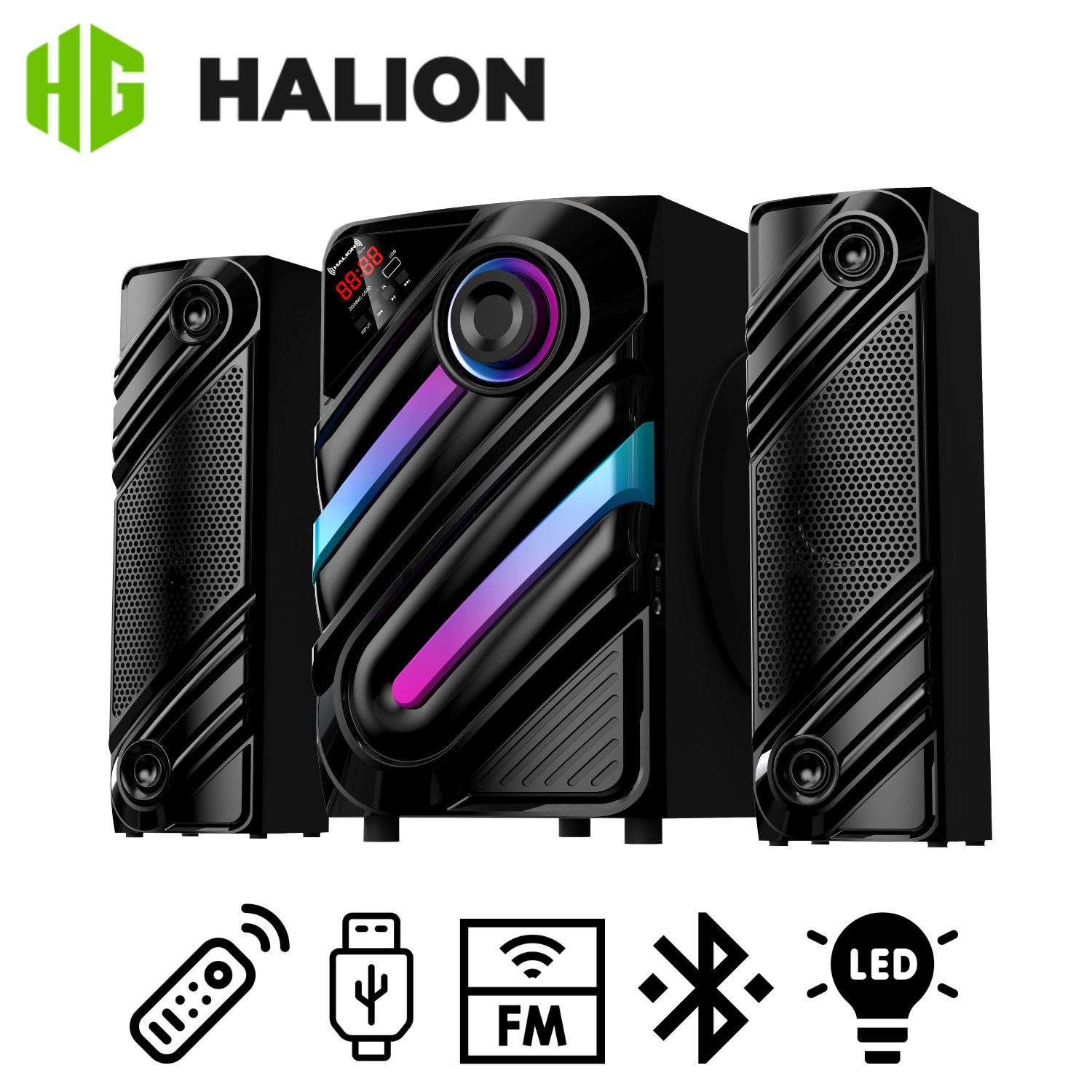 Parlante Halion HA-F77 Thanos 2.1 Bluetooth con Subwoofer 8" y Luces LED